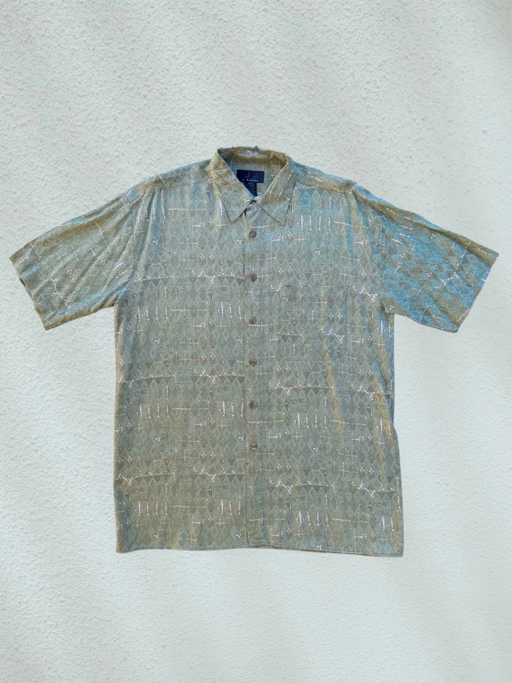 JF J. Ferrar Green Diamond Tropical Print Button Front Short Sleeve Shirt, M